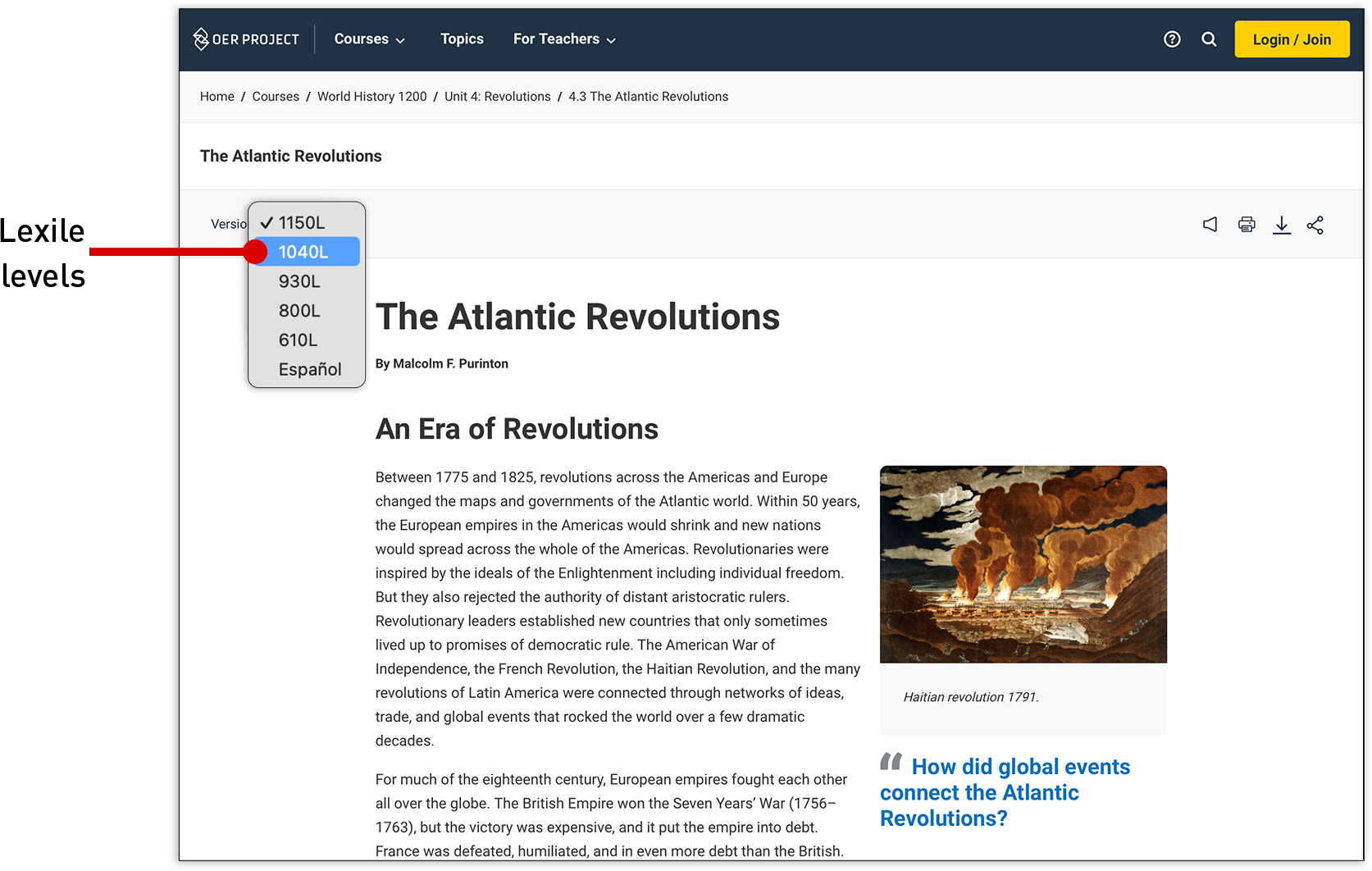 Image showing an OER Project article with its Lexile selection menu open.