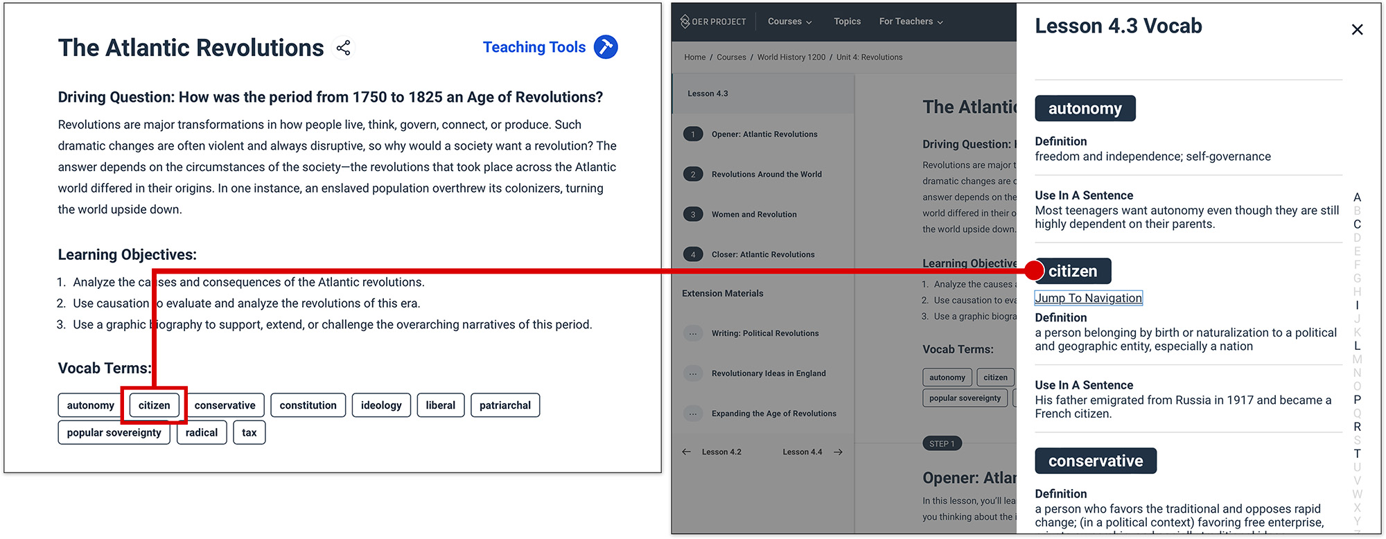 An OER Project article showing how a key word can be clicked on to automatically open a sidebar showing that word's definition.