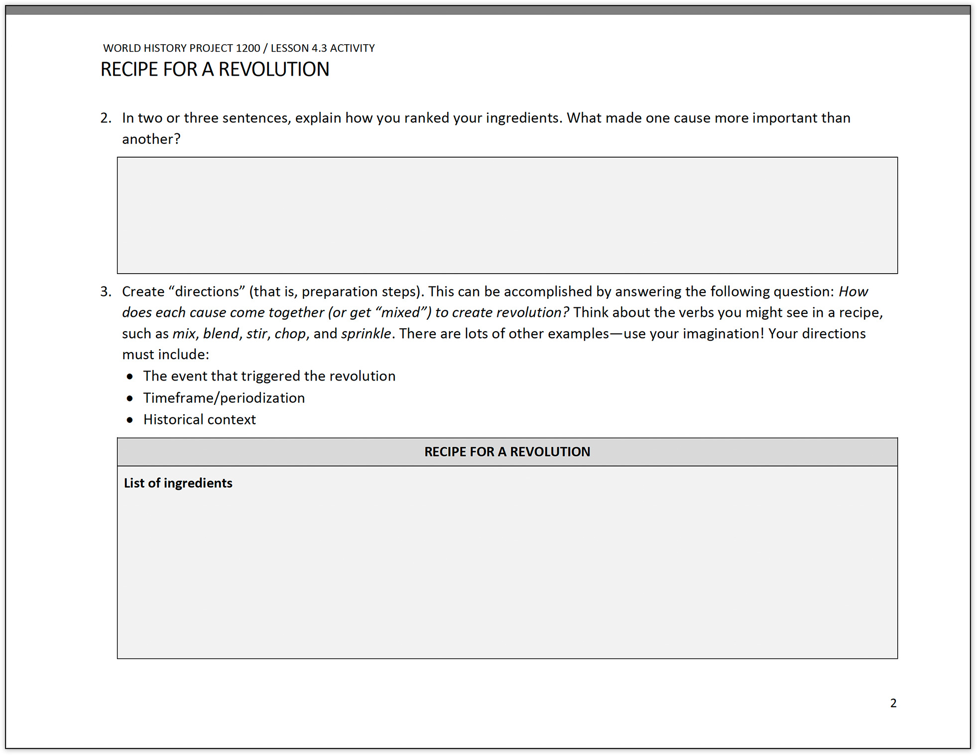 Screenshot from an OER Project worksheet asking students to conceptualize revolutions as "recipes" with specific ingredients.