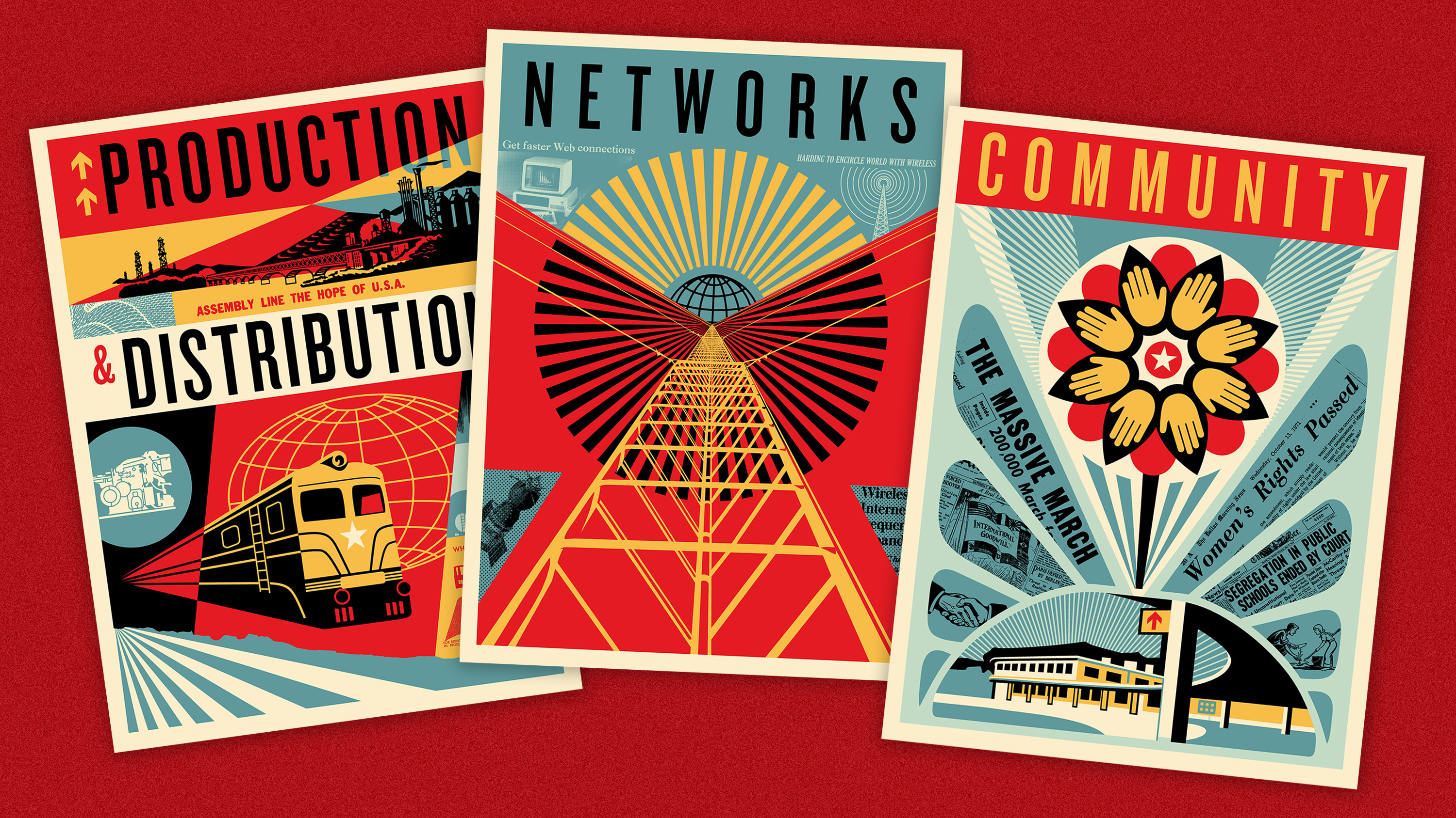 A collage of three brightly-colored posters spotlighting Production & Distribution, Community, and Networks.