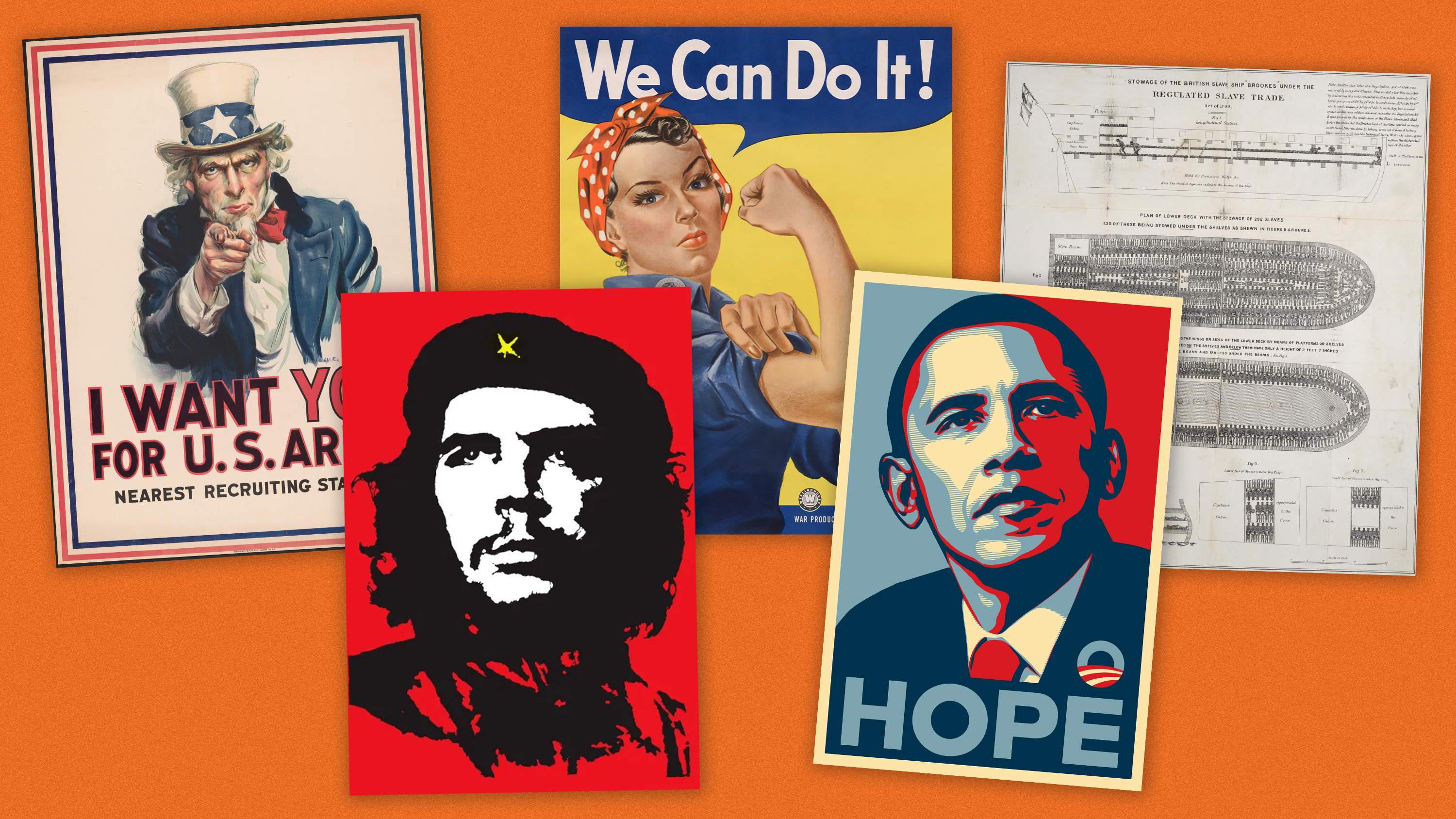 A collage of iconic political posters, including the Obama HOPE poster, Rosie the Riveter, Uncle Sam, and Che Guevara.