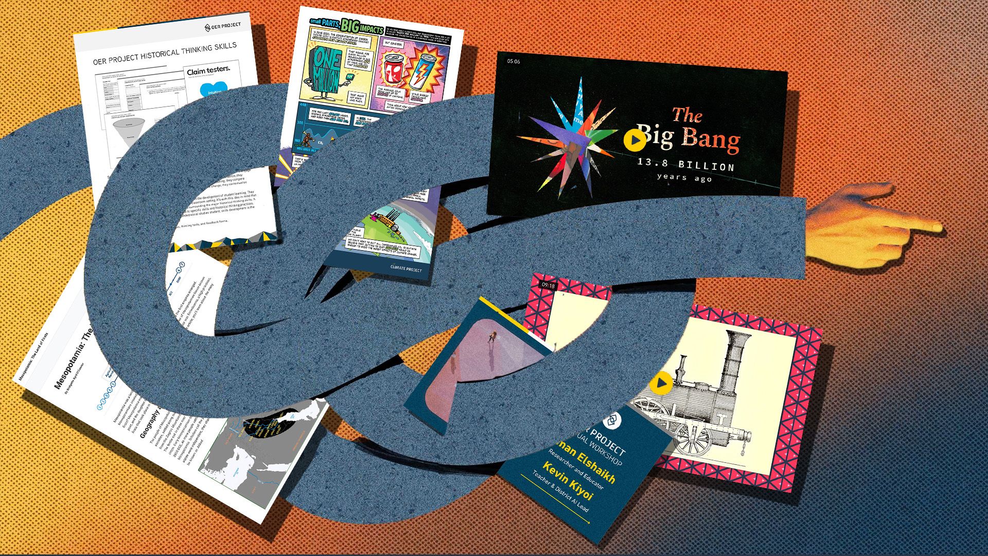 A very long cartoon arm loops through images of a number of popular OER Project activities.