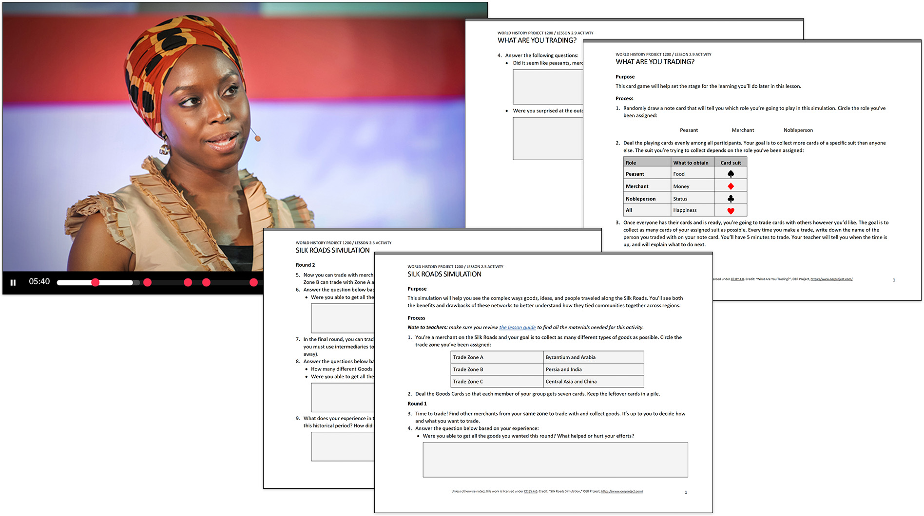A collage of four OER Project worksheets with a screengrab of Chimamanda Adichie's TED talk.