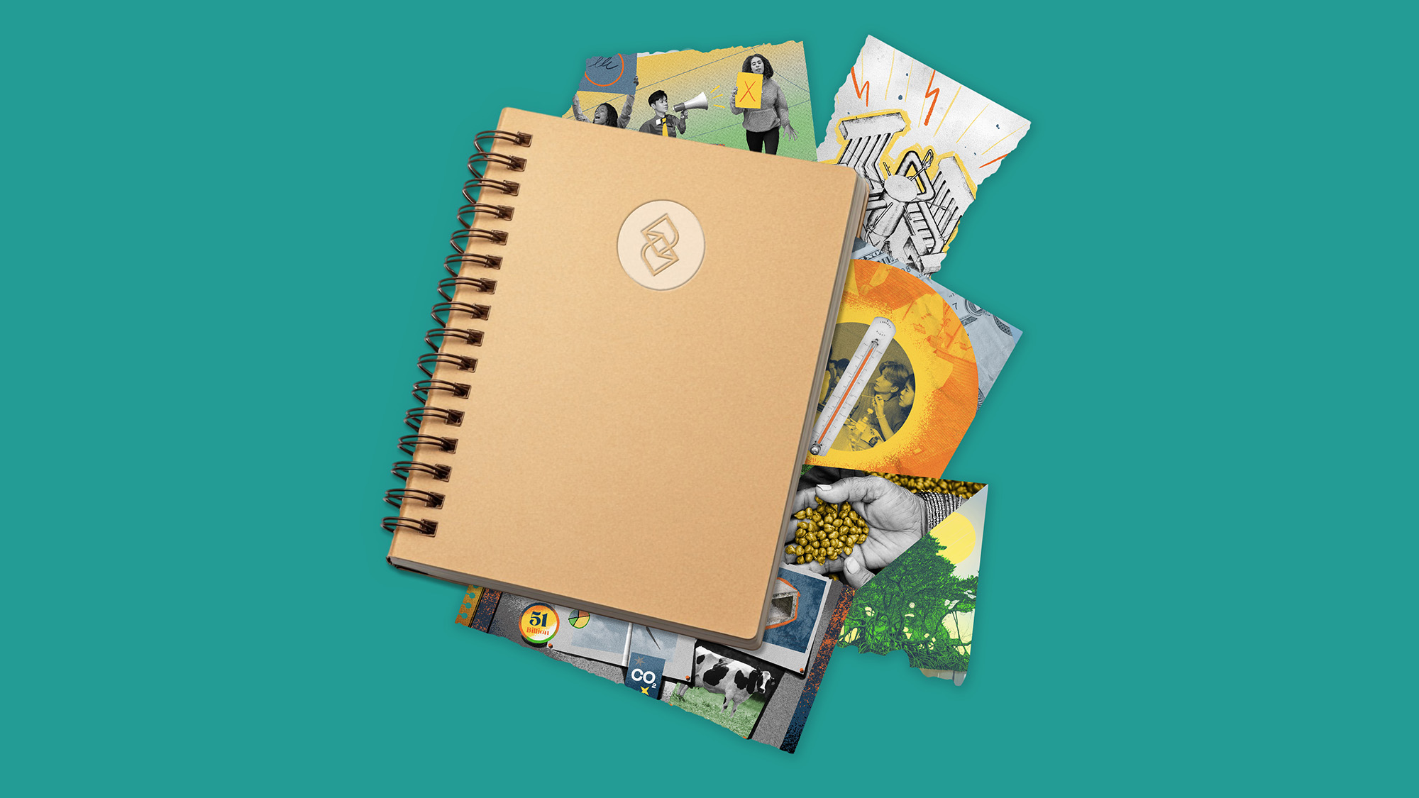 A closed spiral notebook with climate and environment-themed photographs peeking out from between the pages.