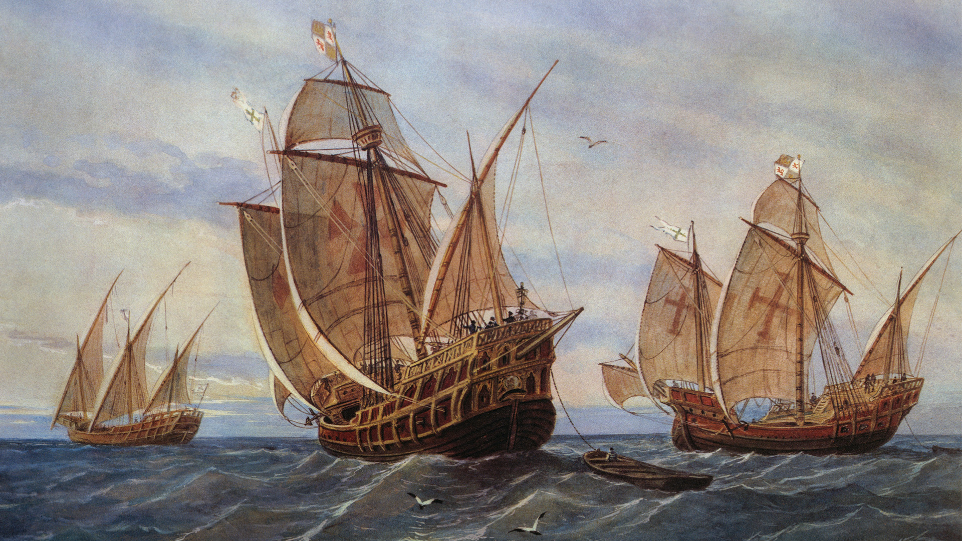 A painting of three Spanish galleons.