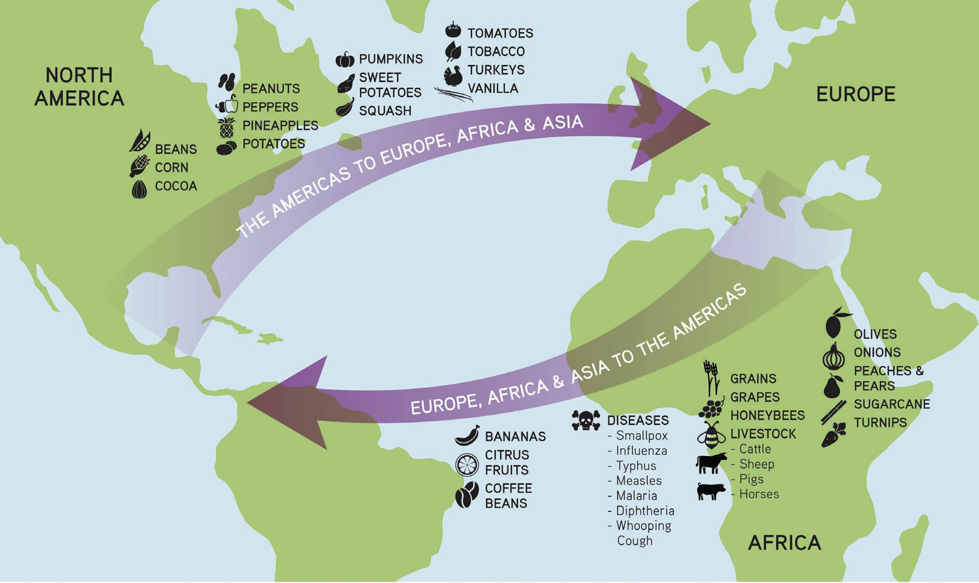A map of the Atlantic with two arrows in opposite directions to illustrate the reciprocal trade between Europe and the Americas.