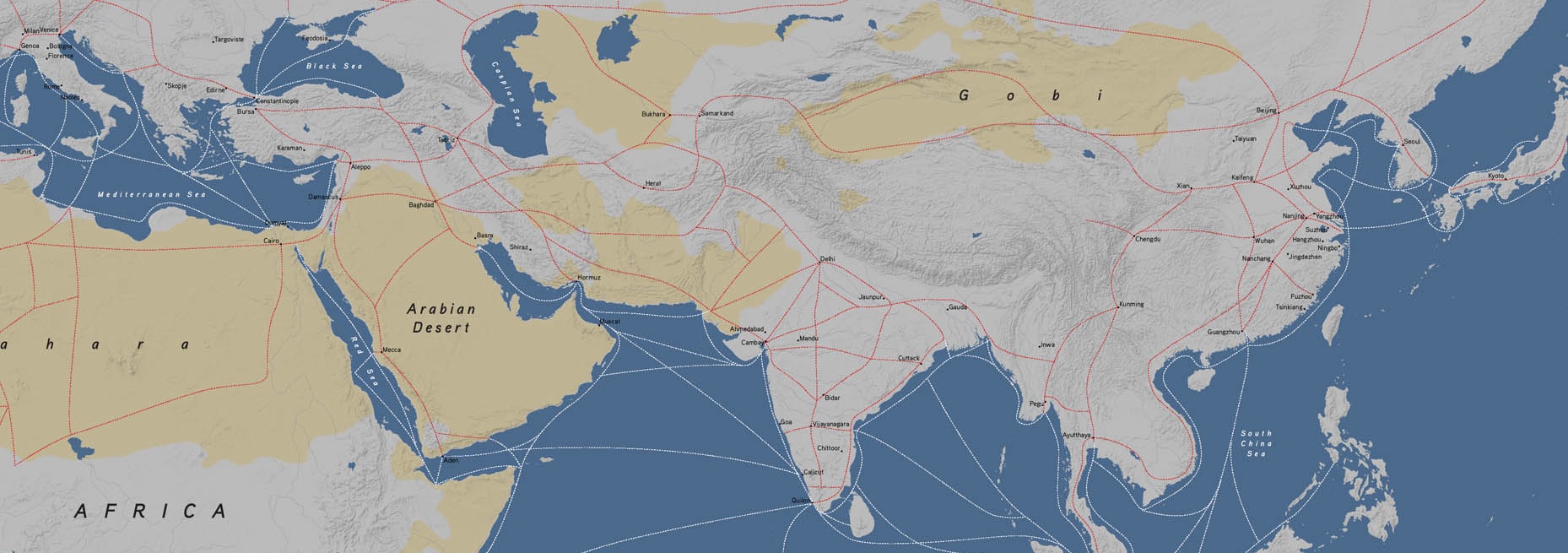The Silk Roads—an early “internet”—were a series of trade routes that connected people throughout Afro-Eurasia from 130 BCE until 1453 CE. By OER Project, CC BY 4.0.