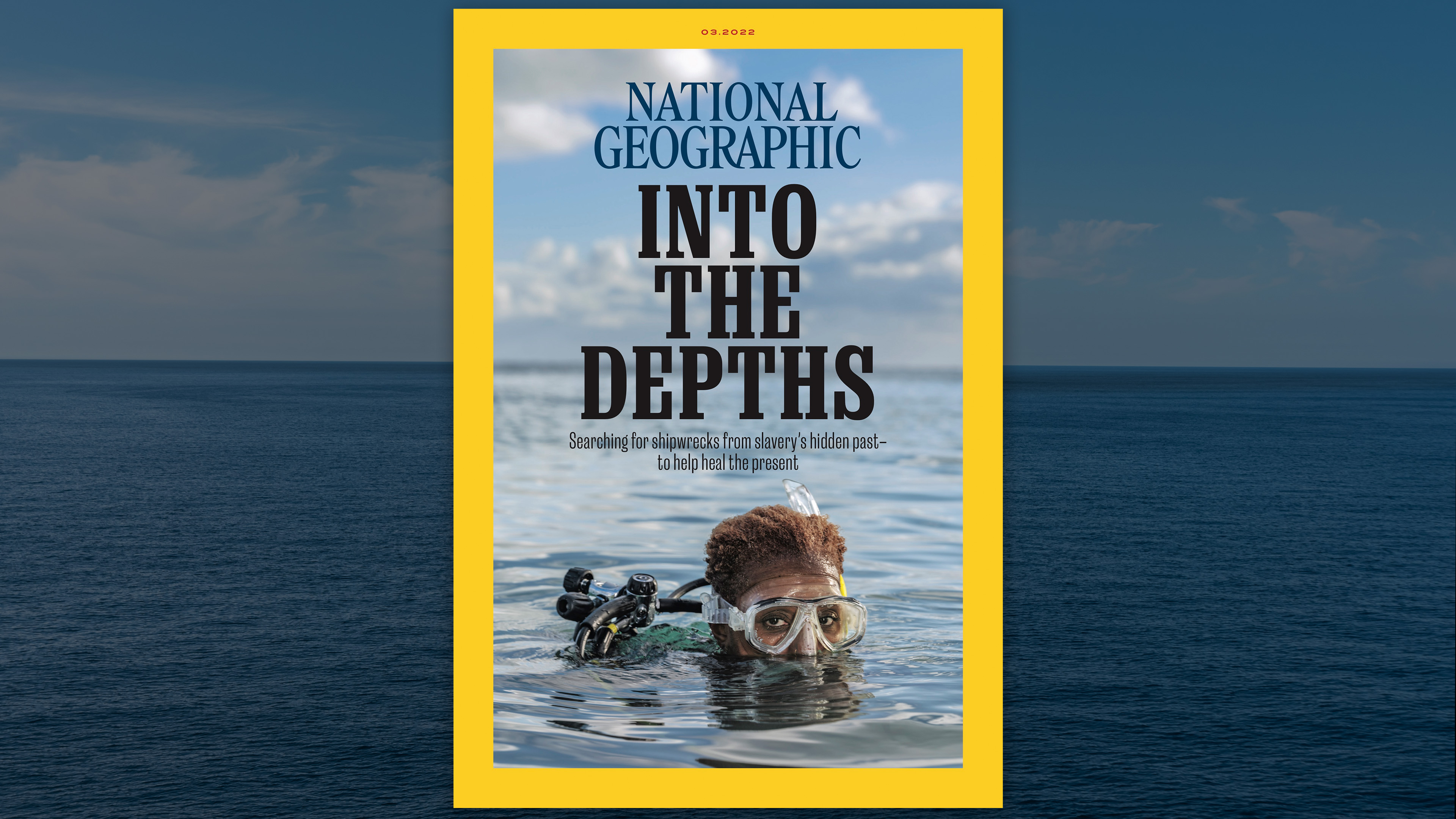 Image of a National Geographic magazine cover featuring a photograph of the ocean with diver Tara Roberts's head emerging in the foreground.
