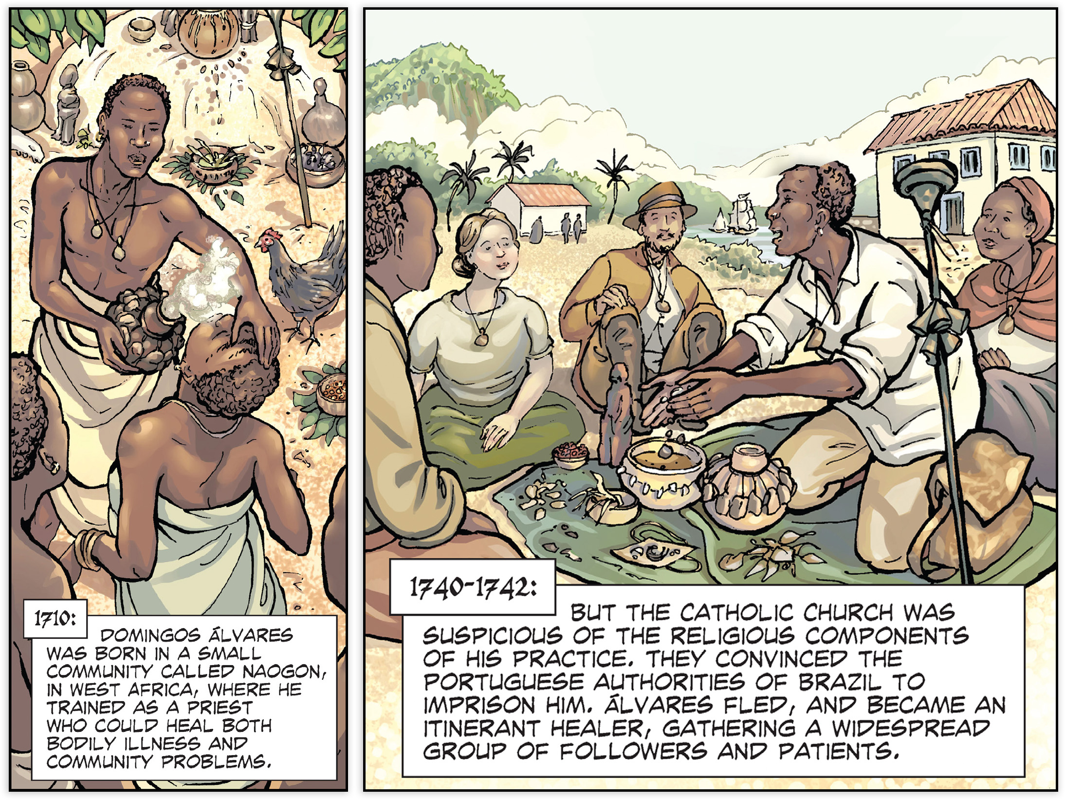 Two comic strip panels from an OER Project graphic biography of Domingos Alvares. The first panel shows Domingos administering a sacred medicine to an African villager; the second shows Domingos in Brazil instructing a mixed group on ritual practice.