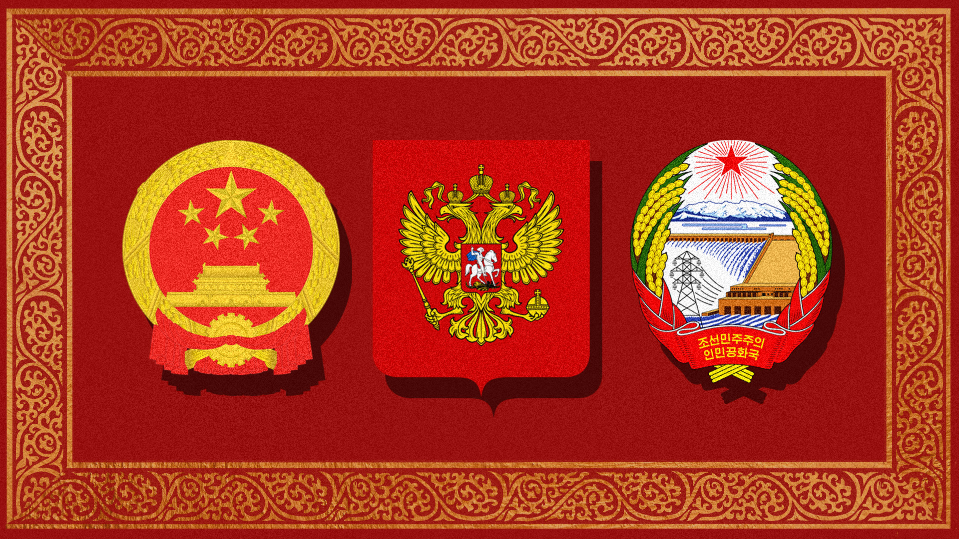 A red banner with the crests of China, Russia, and North Korea.