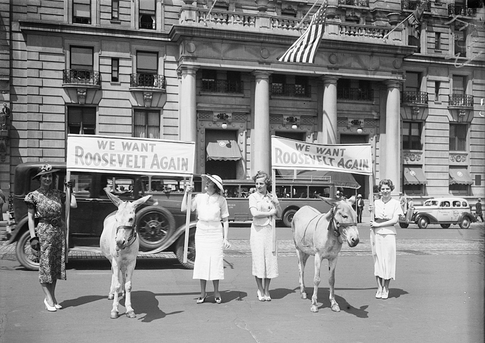 A vintage photo of four women and two donkeys holding signs for Franklin Delano Roosevelt.
