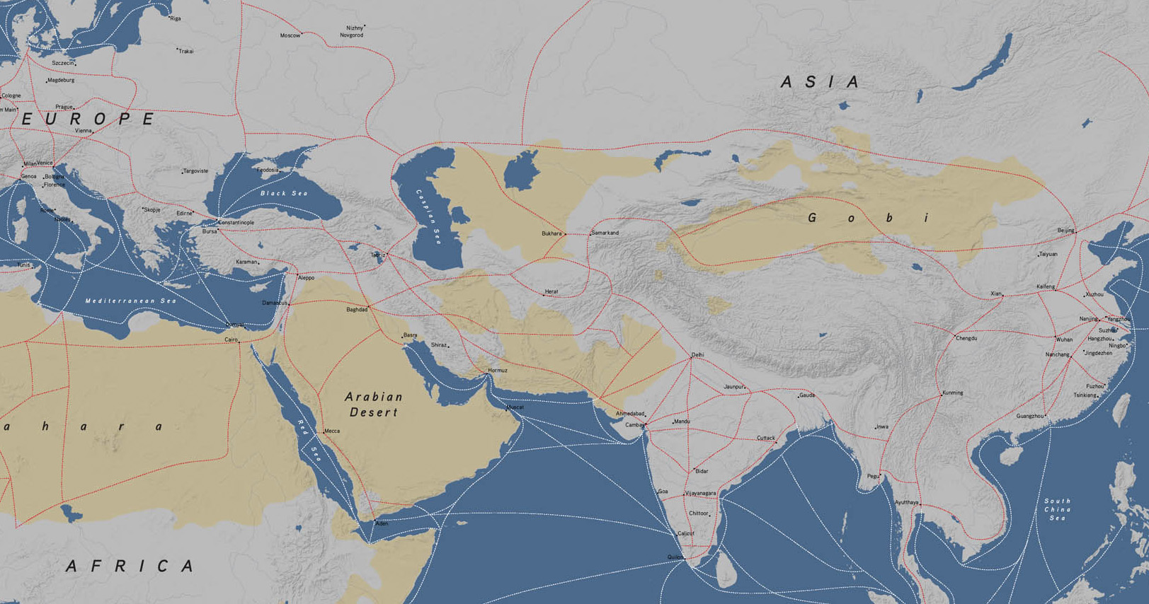 A map of Asia, North Africa, and Eastern Europe showing ancient trade routes.