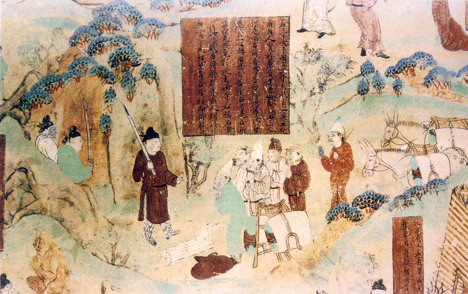 An Ancient Chinese painting showing a caravan of merchants being ambushed by bandits.