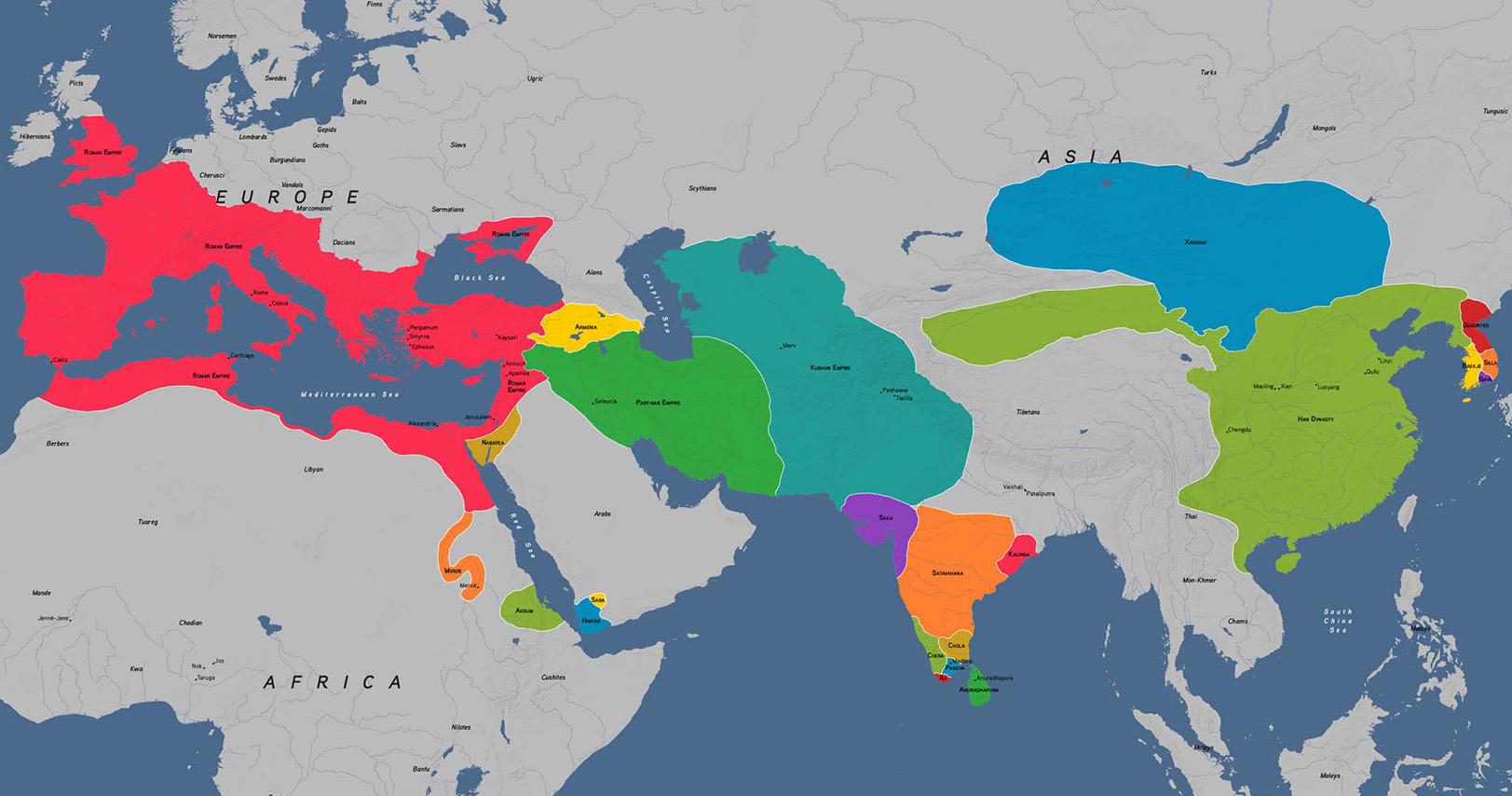 A colorful map of Afro-Eurasia showing areas controlled by different historical empires. 