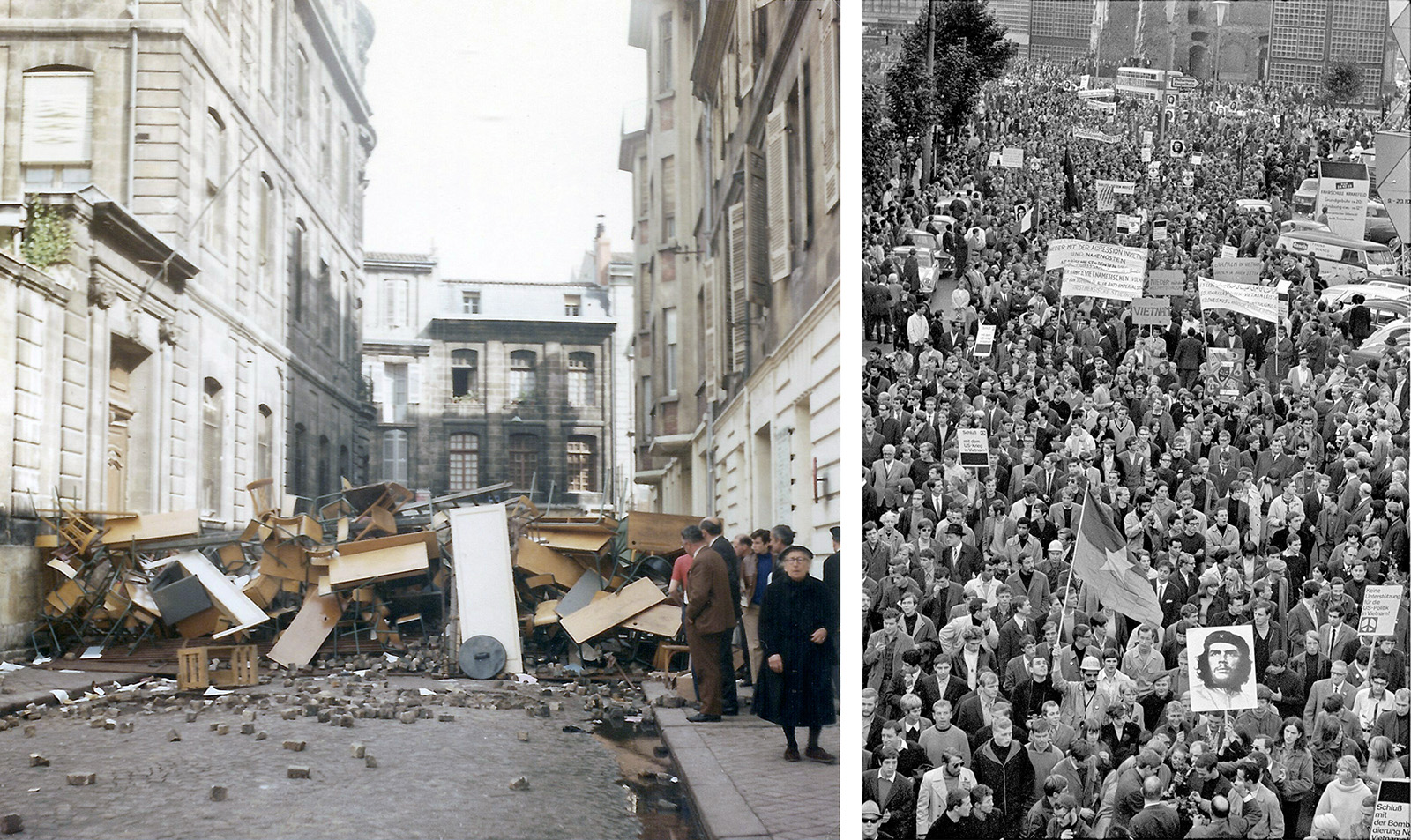 Two images. Left: A street in France is barricated by furniture and debris. Right: A massive street protest with people carrying flags and placards with images of Che Guevara.