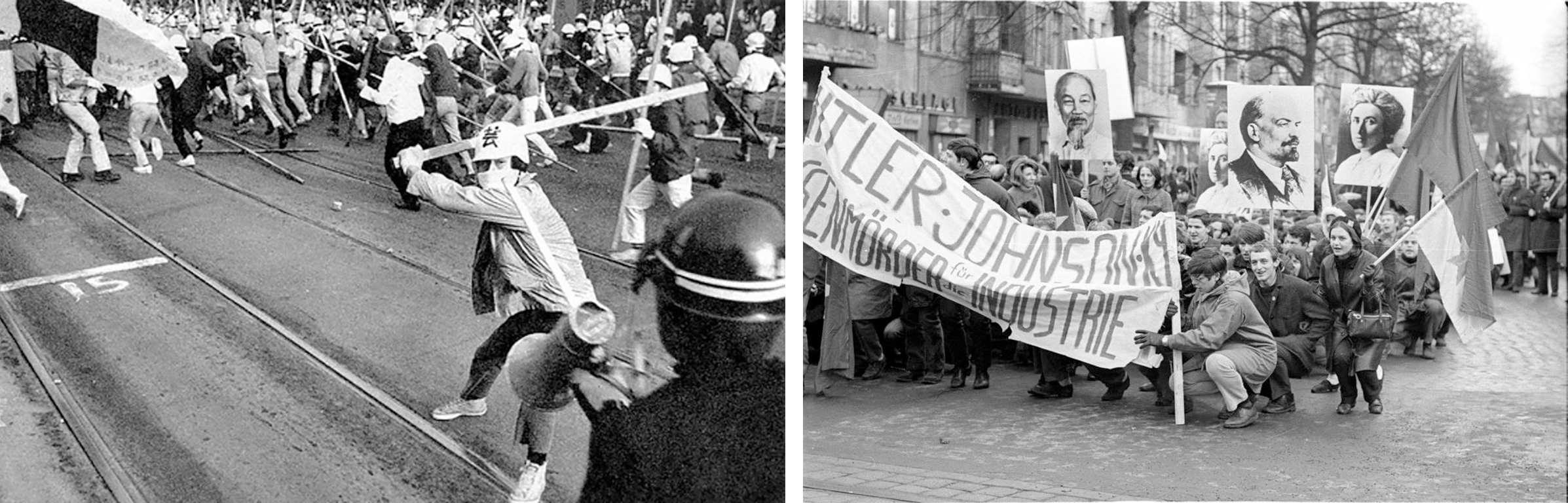 Two images. Left: A crowd riot scene in Japan with a student protester swinging a bamboo pole at a uniformed officer. Right: A crowd of protesters in West Germany demonstrate against the Vietnam War.