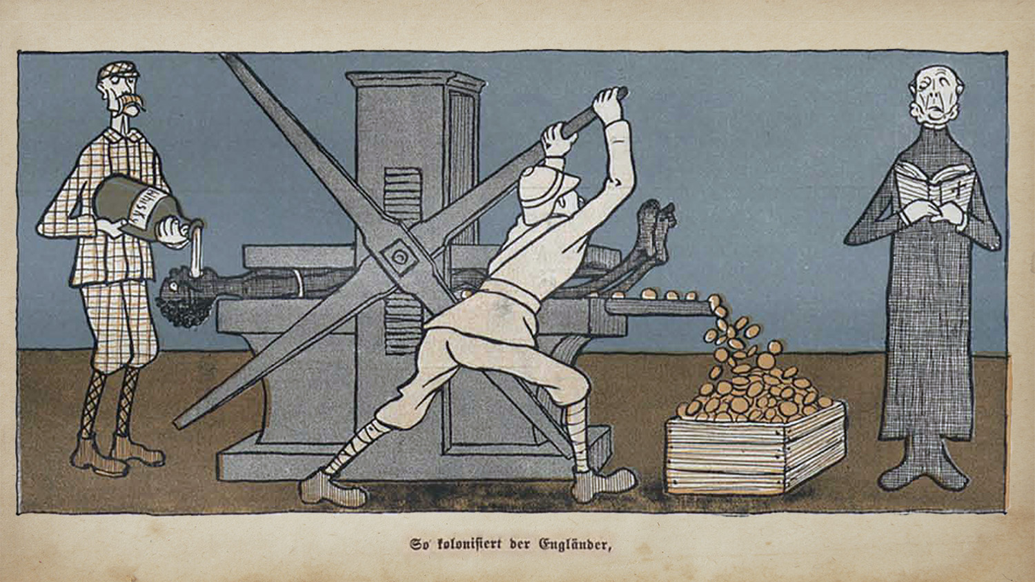 A political cartoon of a machine labeled “Imperialism” crushing a person as coins spill out, while men operate it and a clergyman looks on.