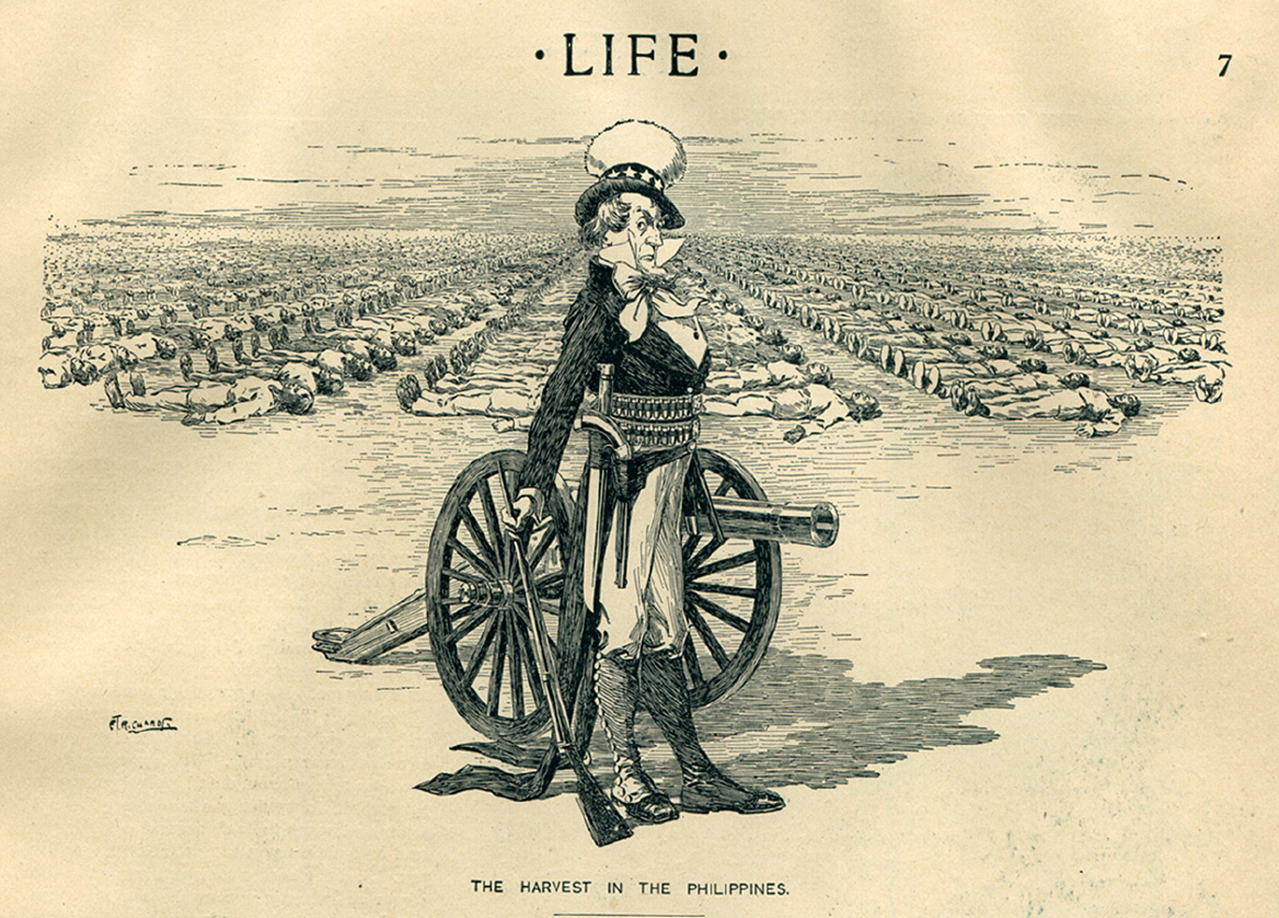 A 19th-century political cartoon titled “The Harvest in the Philippines,” showing a uniformed man standing beside a cannon while rows of bodies lie across a vast field behind him.