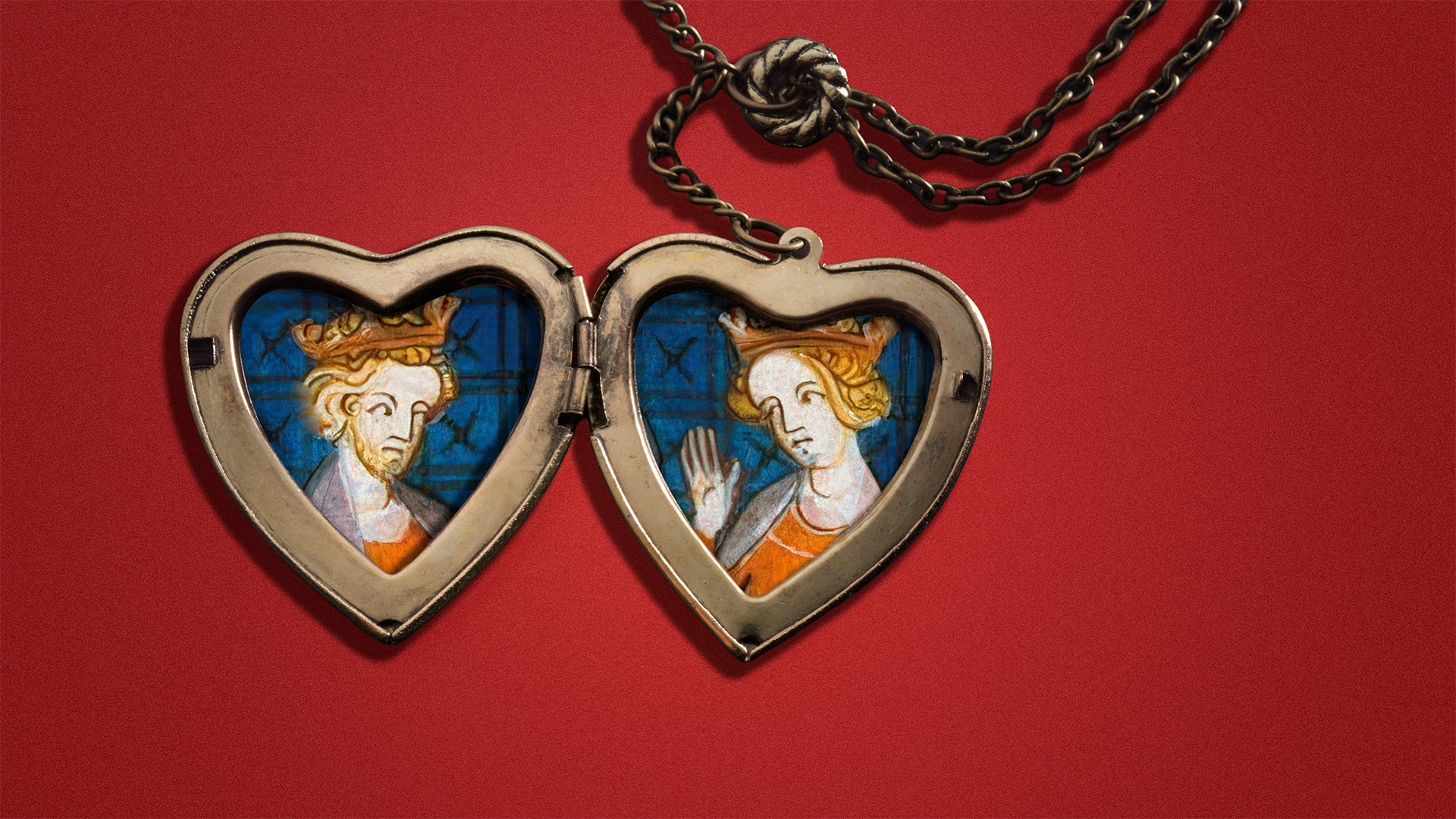 A heart-shaped locket necklace opened against a red background, revealing two small medieval-style painted portraits—one of a crowned man on the left and a crowned woman on the right—facing each other inside the locket.