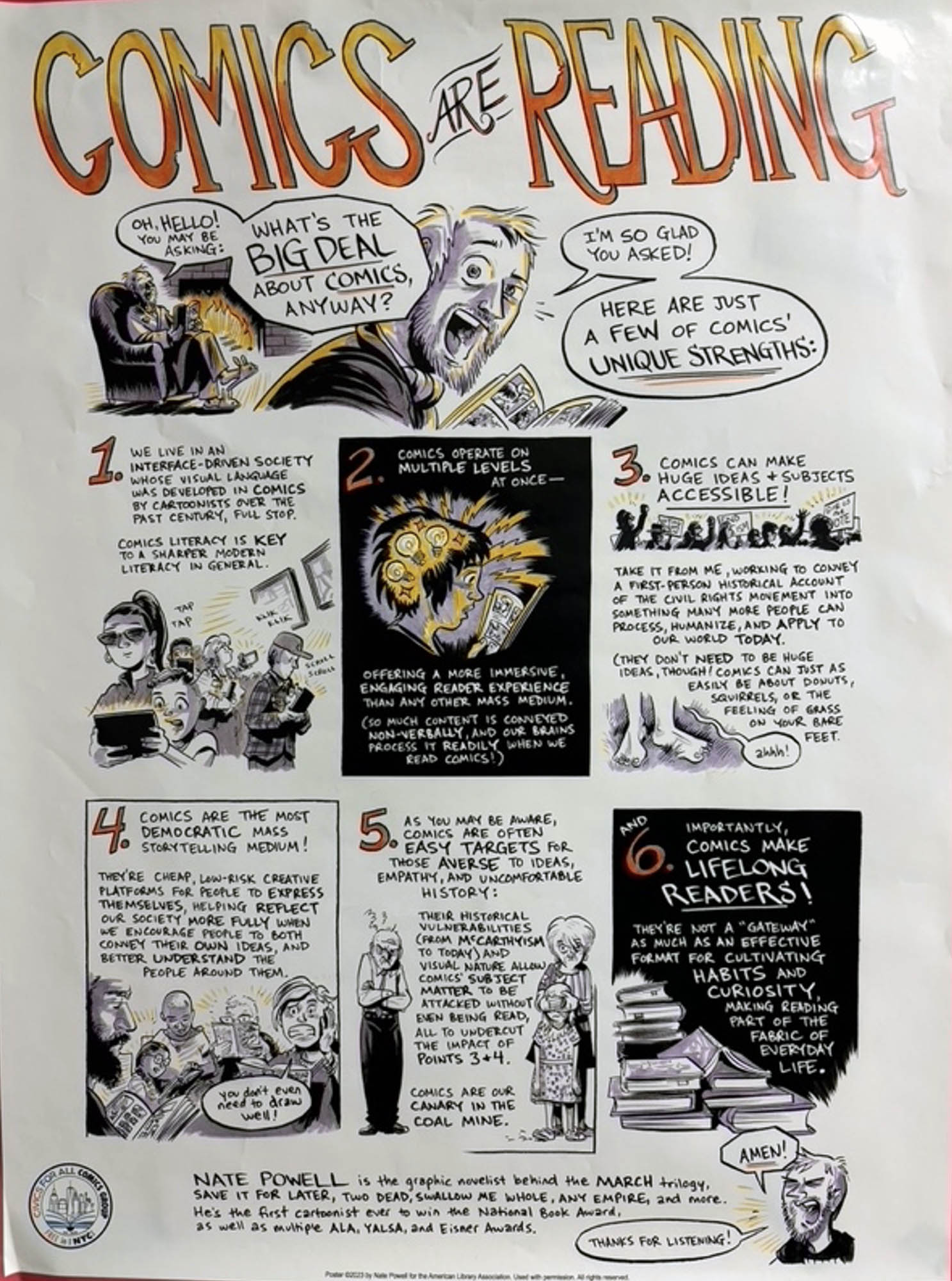 Panels from a comic called Comics Are Reading.