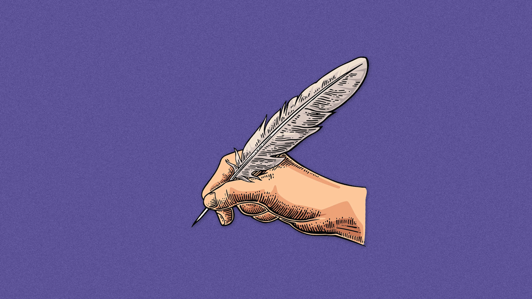 A hand holding a quill next to a blinking word processor-style text-input cursor.