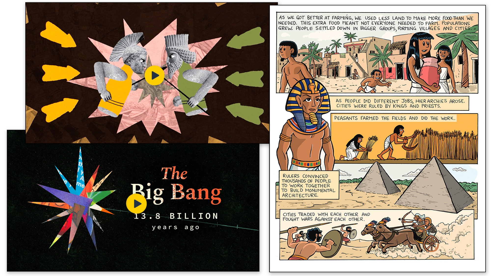 A selection of materials from the Big History course including the Persians and Greeks video, the Big Bang video, and The Thresholds: Agriculture and Complex Societies comic.