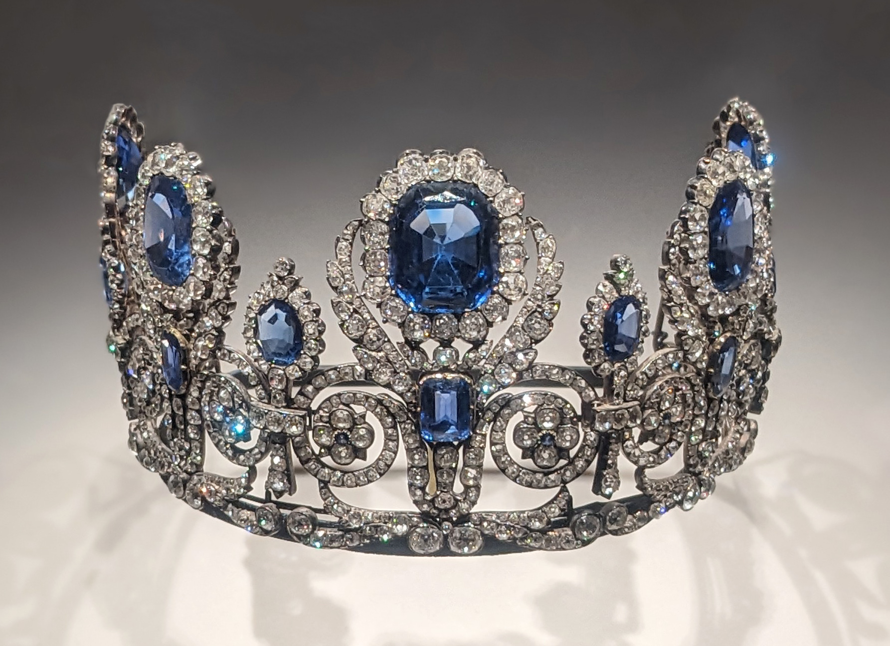 A sapphire and diamond encrusted crown.