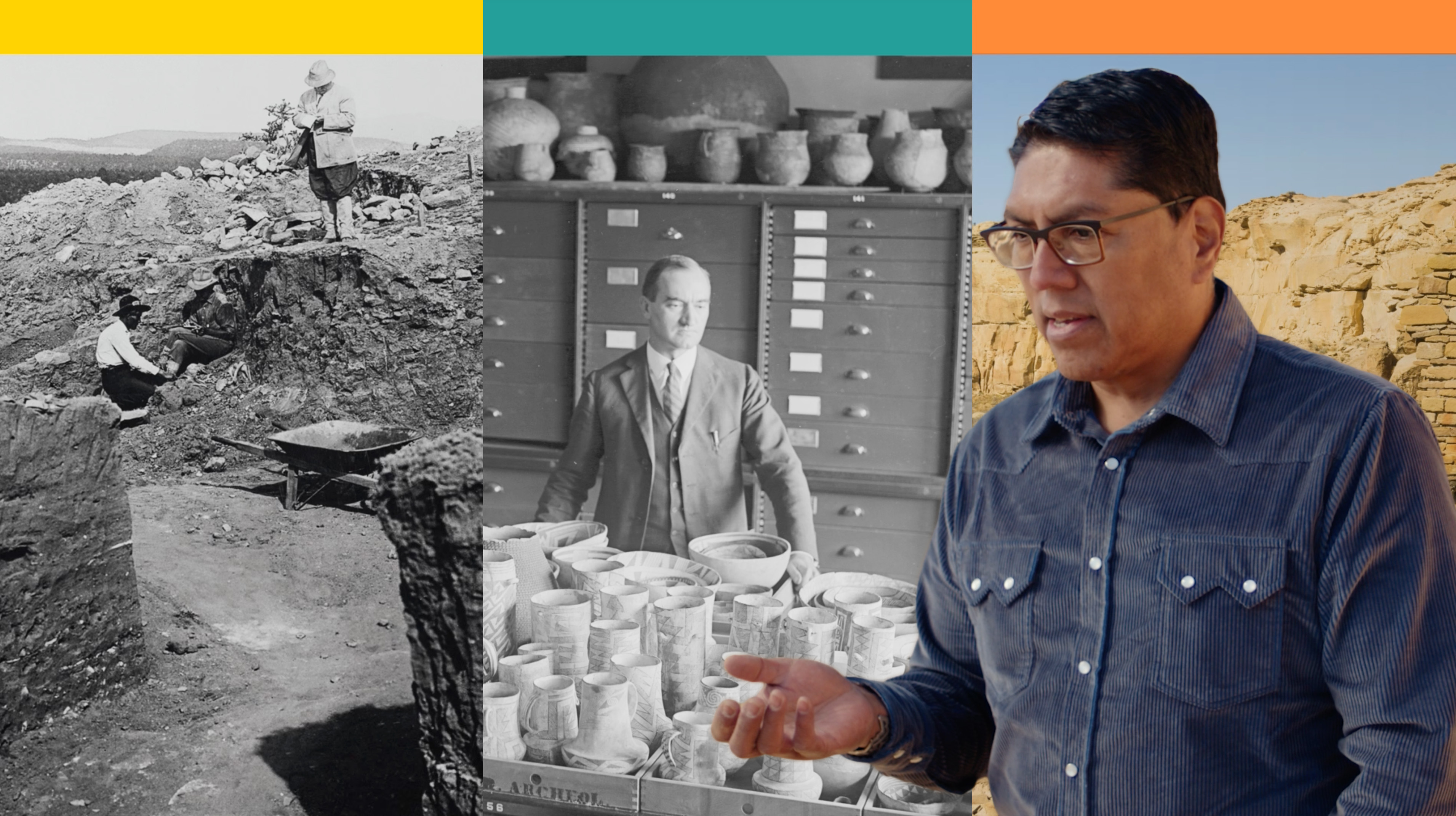 A triptych of screenshots from an OER Project video, showing an early 20th century archaeological dig, a suited archaeologist standing in front of a collection of ancient crockery, and a contemporary academic speaking in front of a background of ruins.