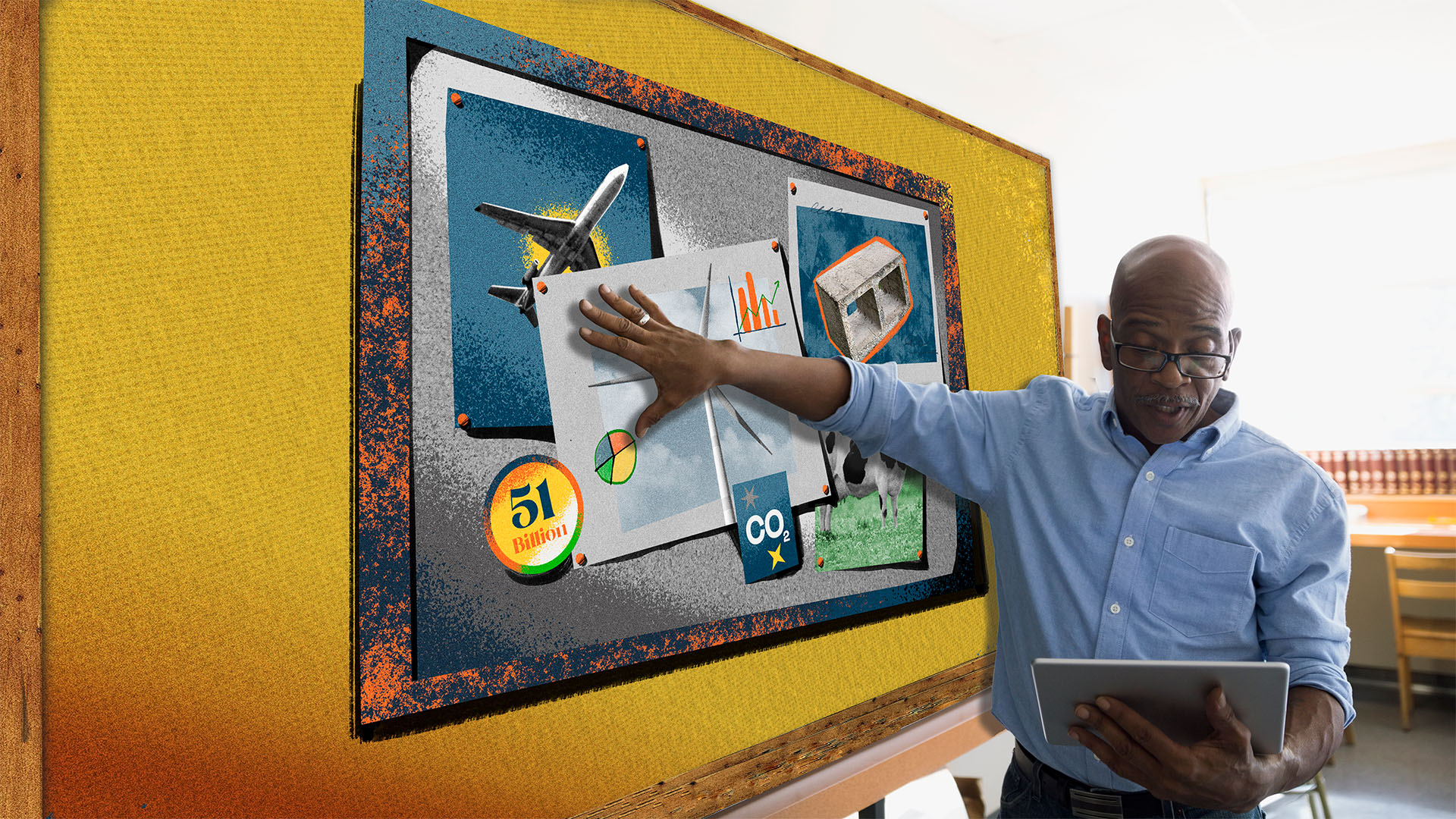 A classroom teacher holds a tablet device in one hand while gesturing towards a climate change infographic with the other hand.