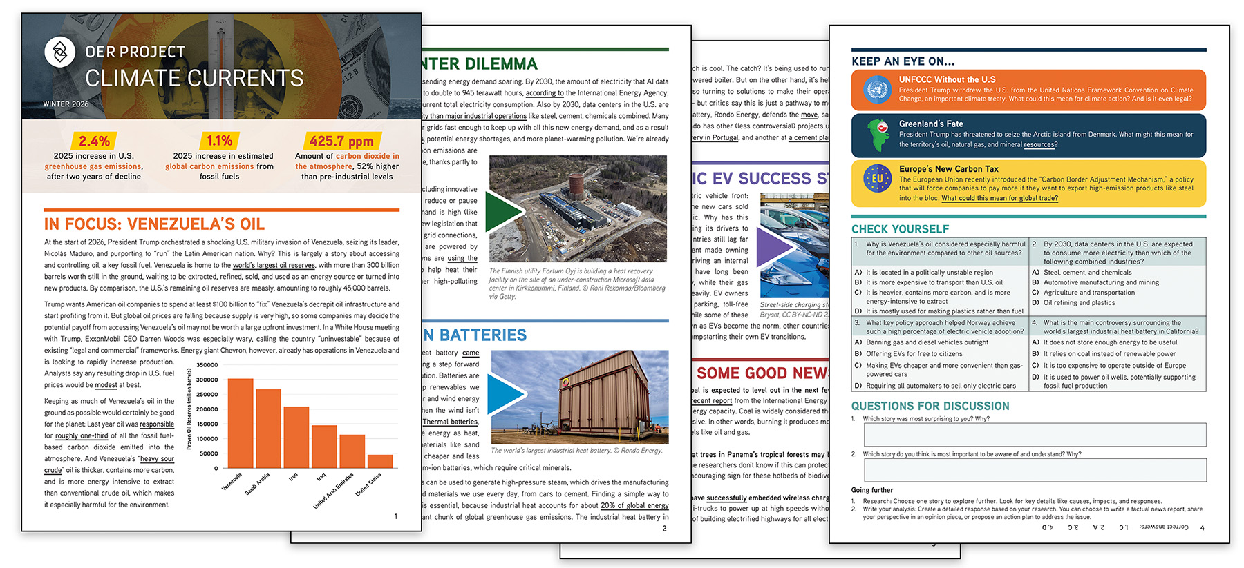 Four pages displaying the contents of the Winter edition of Climate Currents newsletter.