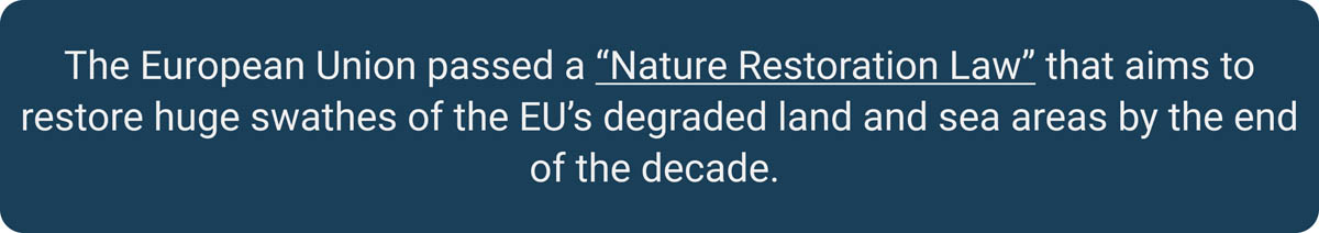 The European Union passed a "Nature Restoration Law" that aims to restore huge swathes of the EU's degraded land and sea areas by the end of the decade.