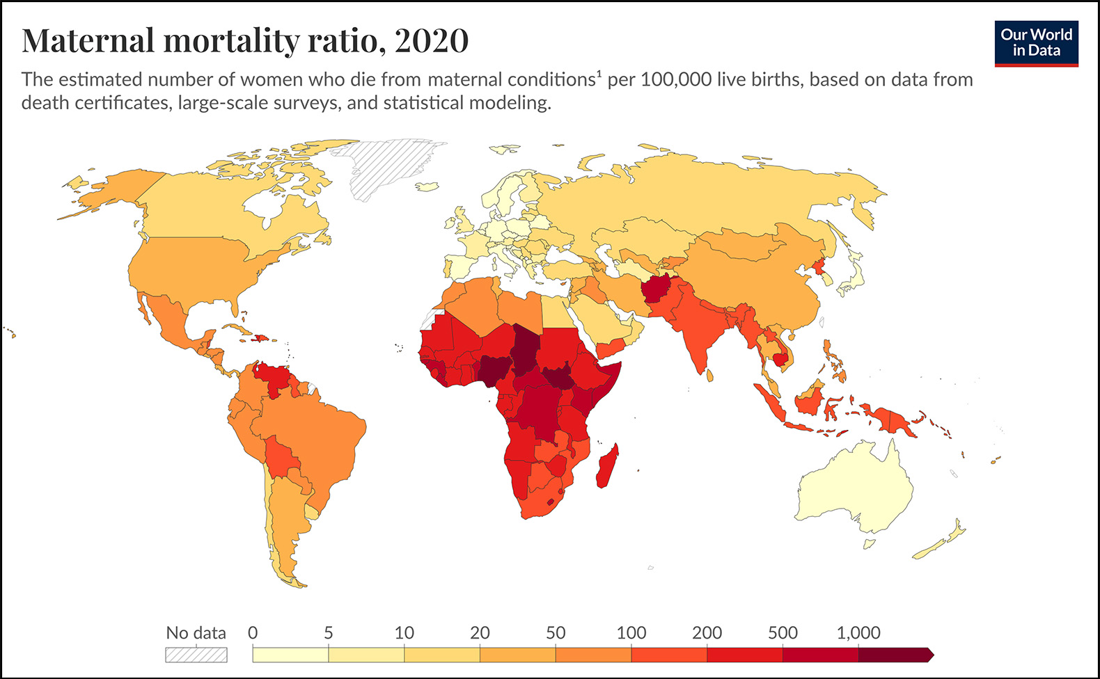 Map showing the rates of maternal mortality ratio across the world for 2020. Several countries in Africa have very high rates of maternal mortality.