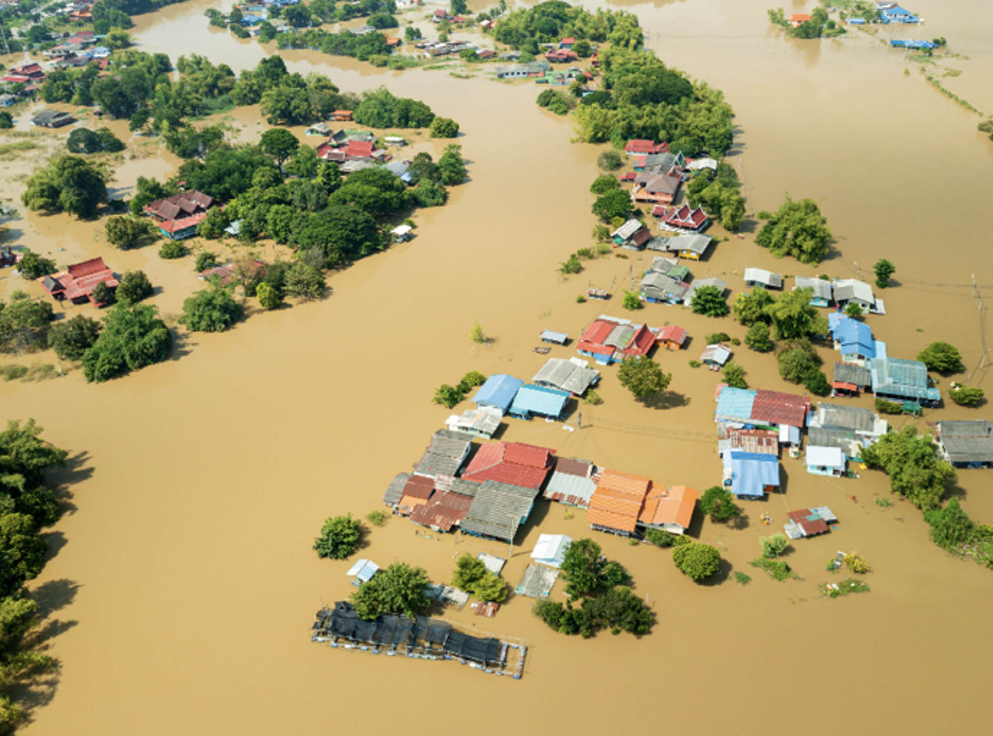 Aerial view natural disaster and flooding in Thailand.