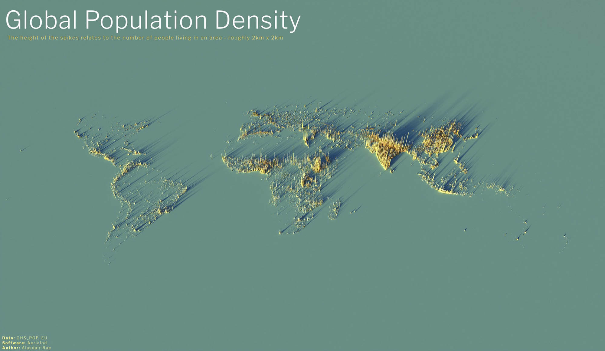 Map showing global population density and its relative peak in the Indian subcontinent.