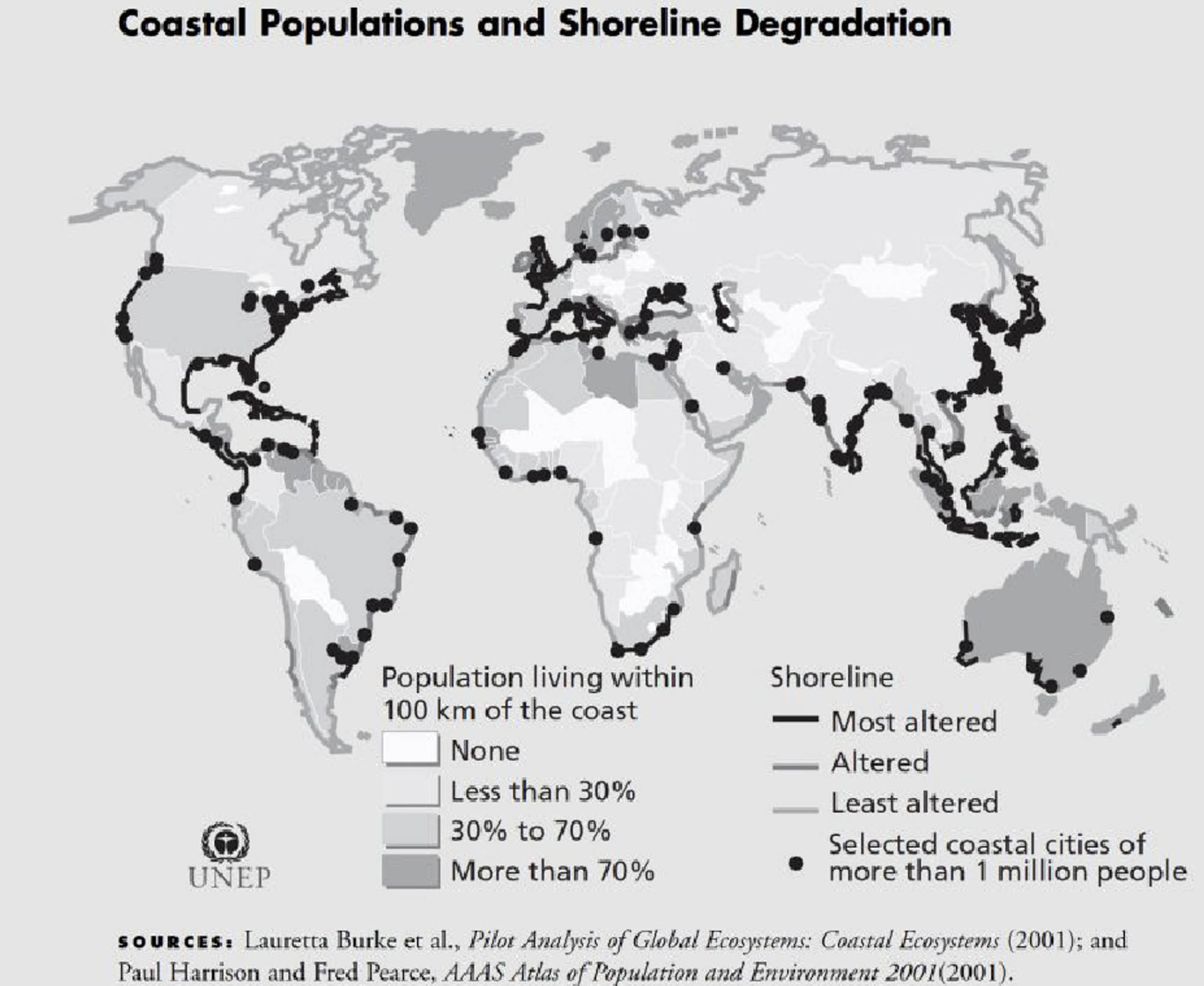 Map showing relationship between human population concentrations corelating to effects of shoreline degradation.