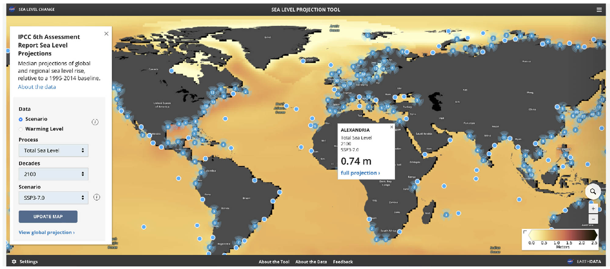 Screenshot of NASA's IPCC AR6 Sea Level Projection Tool.