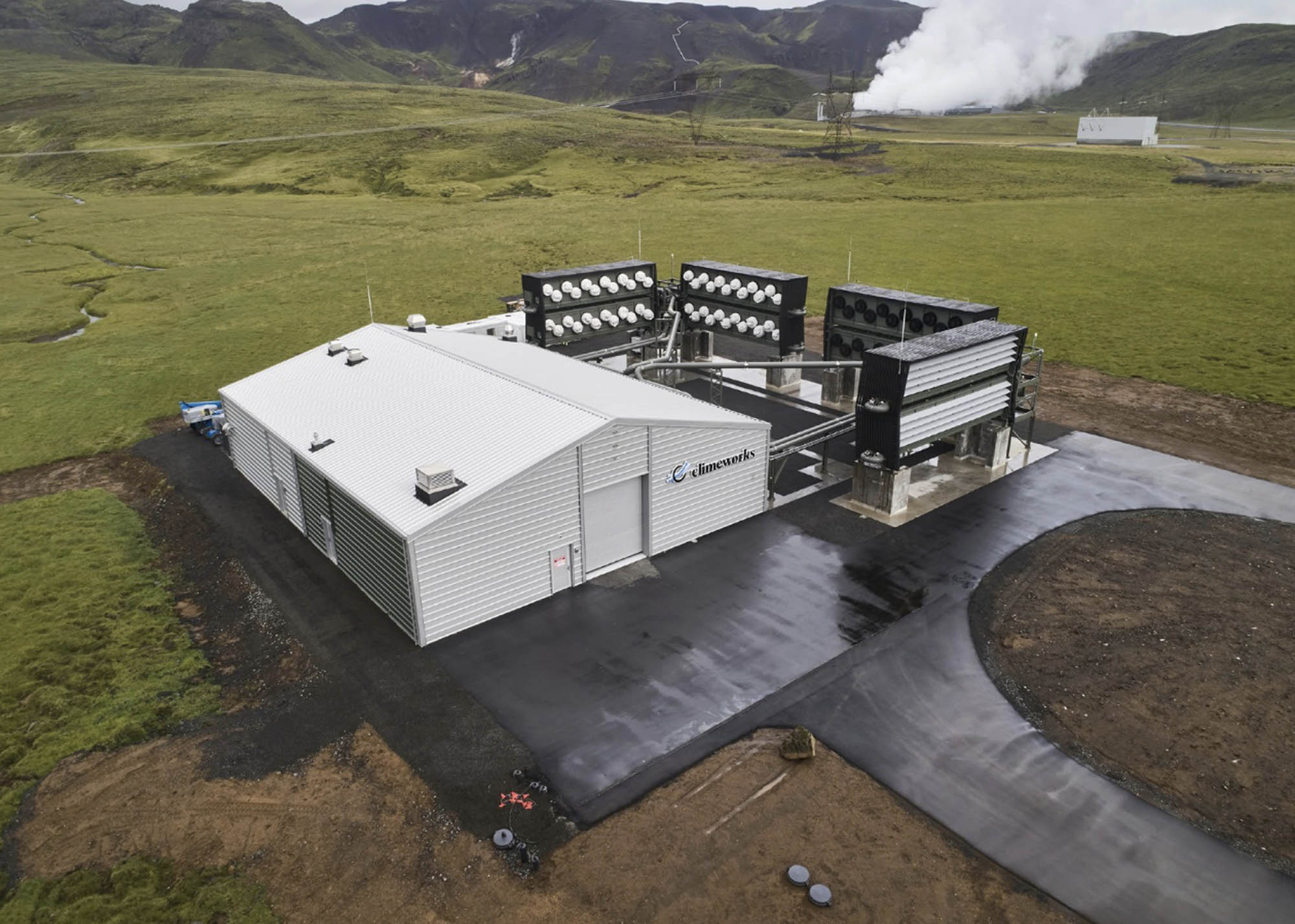 High angle view of a carbon capture facility buildings and equipment.