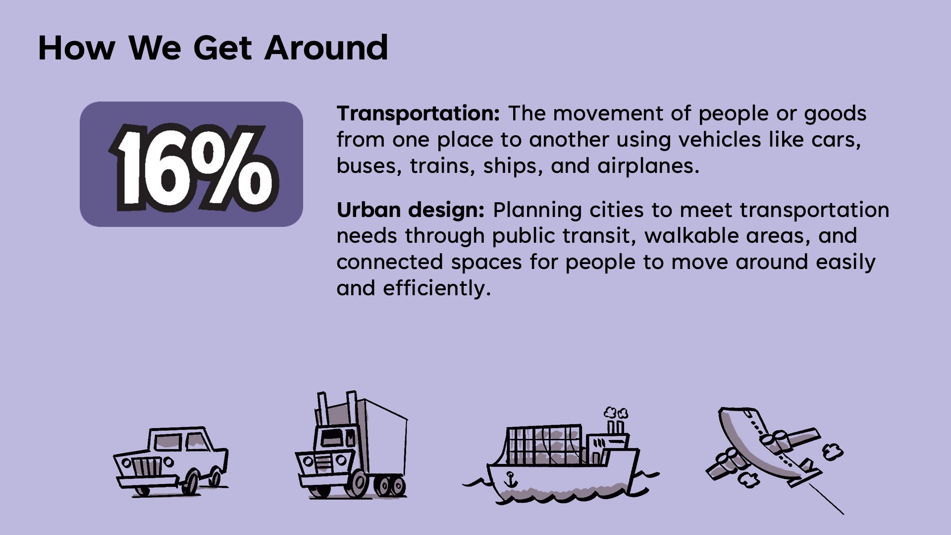 How we get around. Transportation: The movement of people or goods from one place to another using vehicles like cars, buses, trains, ships, and airplanes. Urban design: Planning cities to meet transportation needs through public transit, walkable areas, and connected spaces for people to move around easily and efficiently.