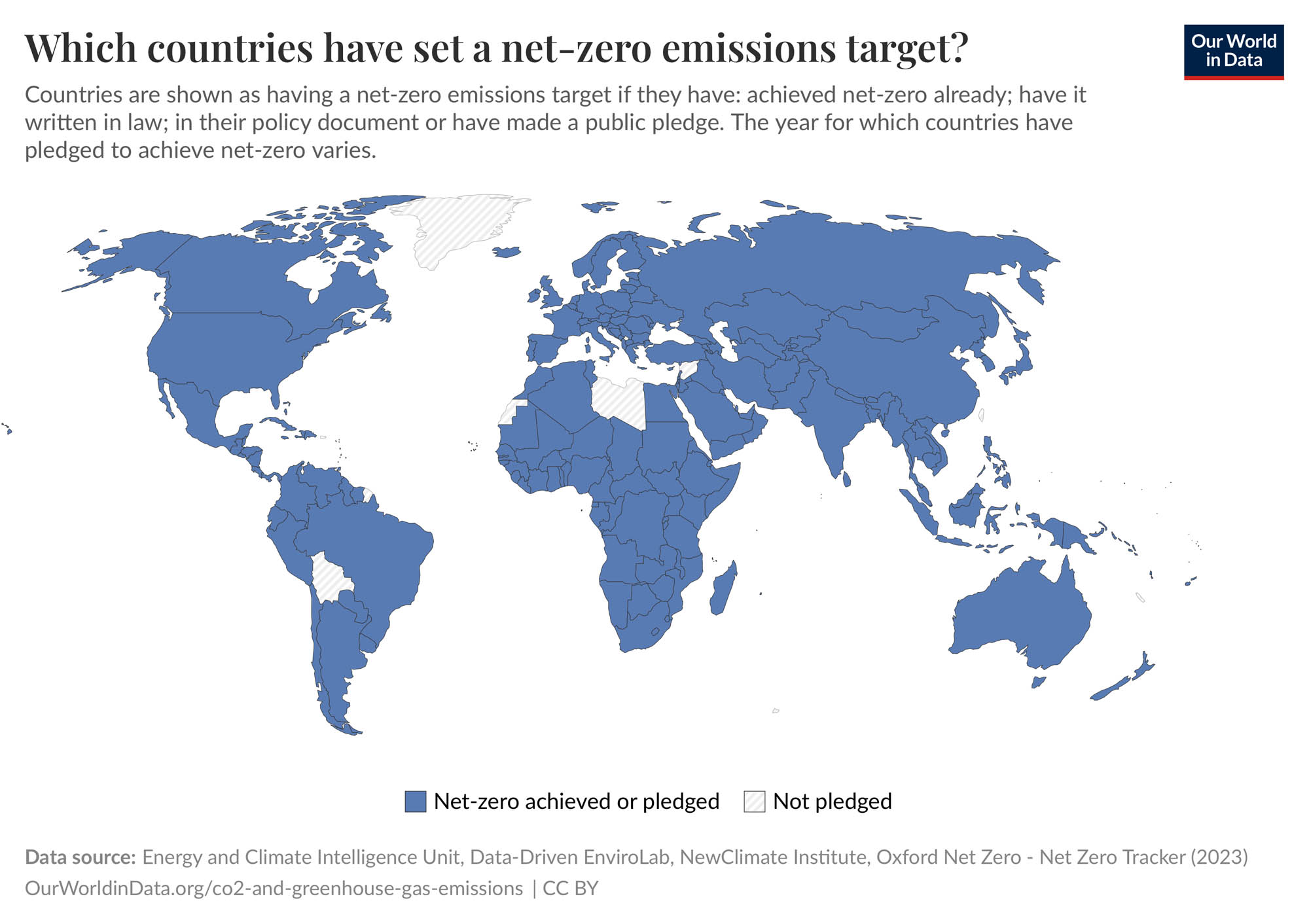 Map of the world showing that nearly 95% of countries have set a net-zero emission target.