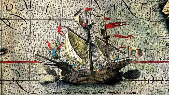Ship sailing on a historical map