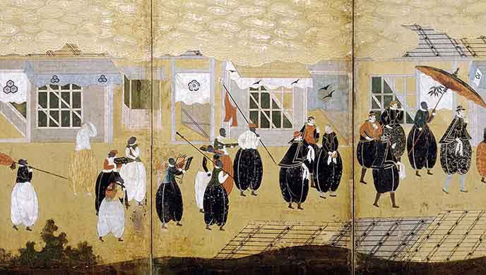 Nanban art screens showing the arrival of a Portuguese ship