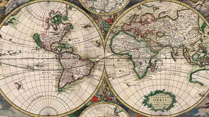 World map through two split globes