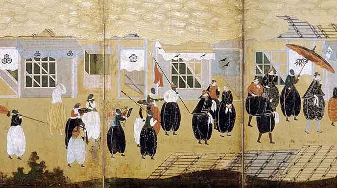 Nanban art screens showing the arrival of a Portuguese ship