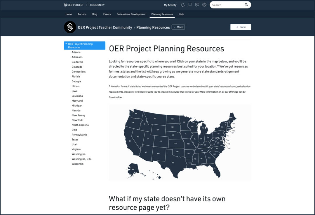 Screenshot of the OER Project Planning Resources page