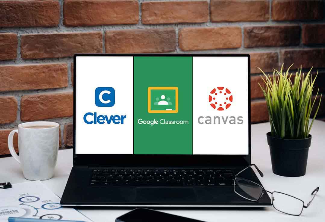 laptop with logos from clever, google classroom, and canvas on the screen
