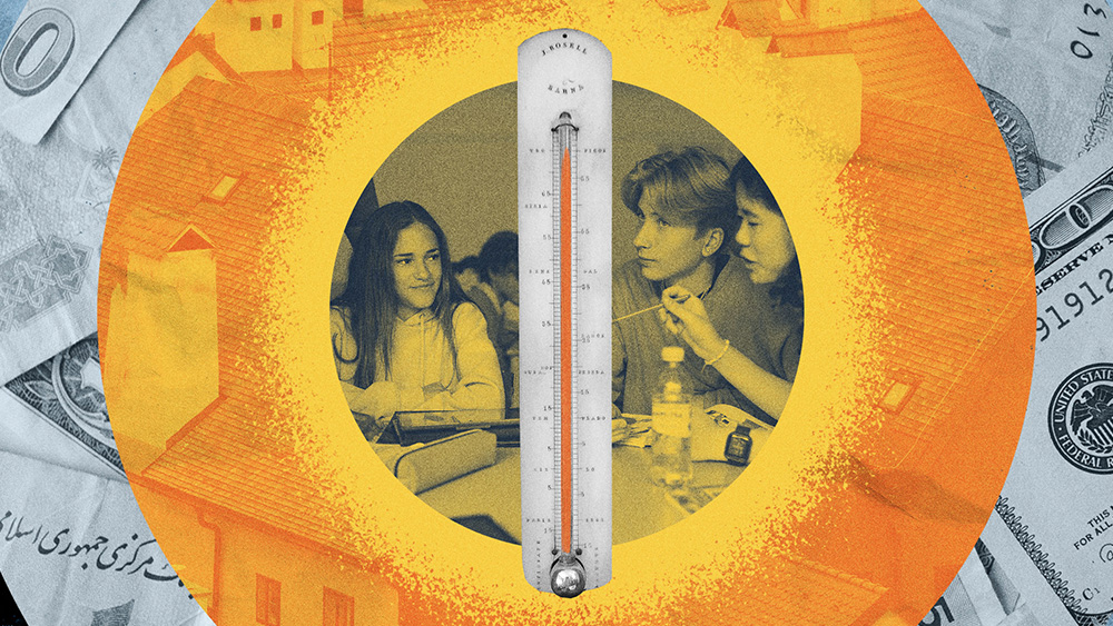 A collage with a thermometer over students in discussion, surrounded by warm orange tones and faint images of houses and money, symbolizing the social and economic impacts of climate change.
