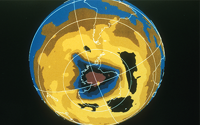 False colour image of Antarctic ozone hole, 30 November 1992. NASA photograph.