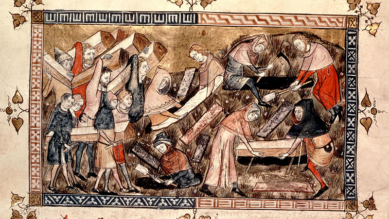 A detailed illustration of a crowd of villagers carrying coffins to the cemetery.  Holes are being dug and coffins lowered into them.