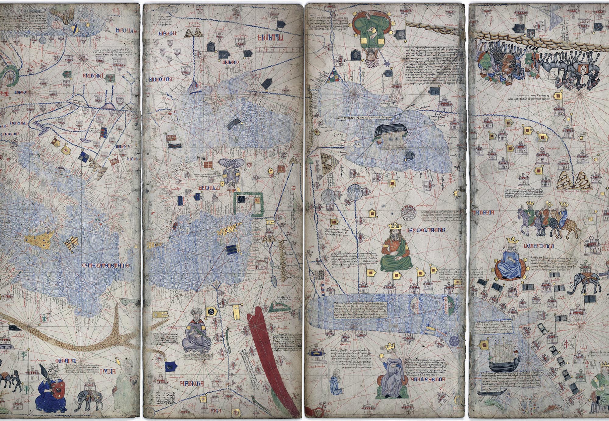 Panels from a Catalan Atlas illustrate the caravan trade routes using lines and descriptions. The atlas is extremely detailed and contains ornate and colorful illustrations throughout of leaders, buildings, animals, features of the landscape and so on.