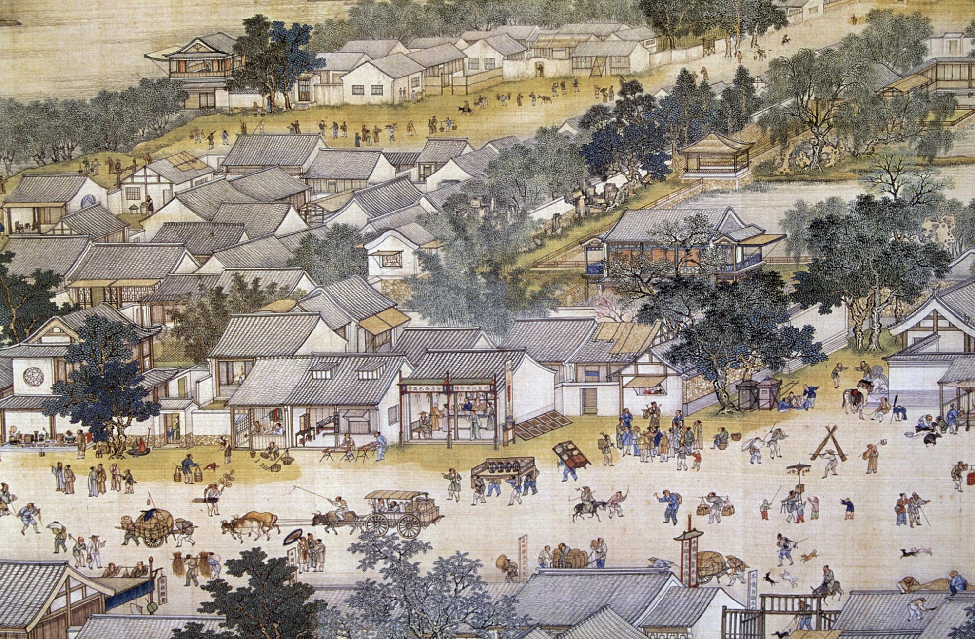 A detailed painting of a street scene in ancient China with people going about daily business of work and pleasure.